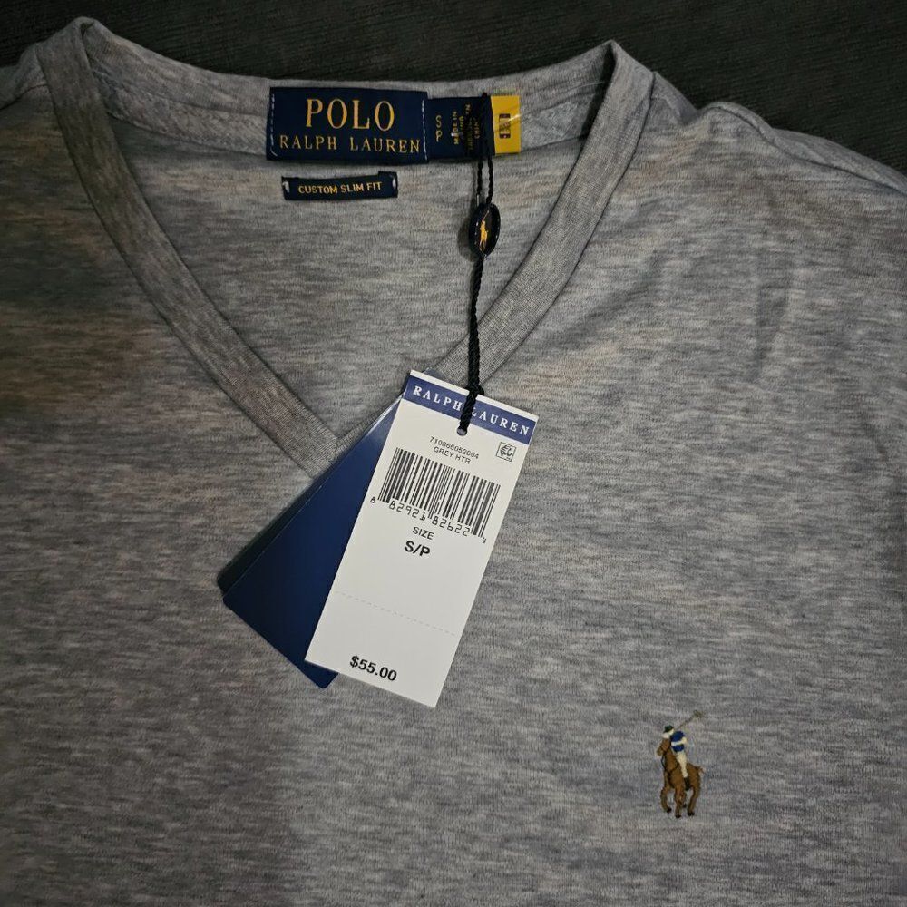Polo Ralph Lauren Men's Grey Heather Custom Slim Fit V-Neck T-Shirt Size Small - Picture 4 of 8